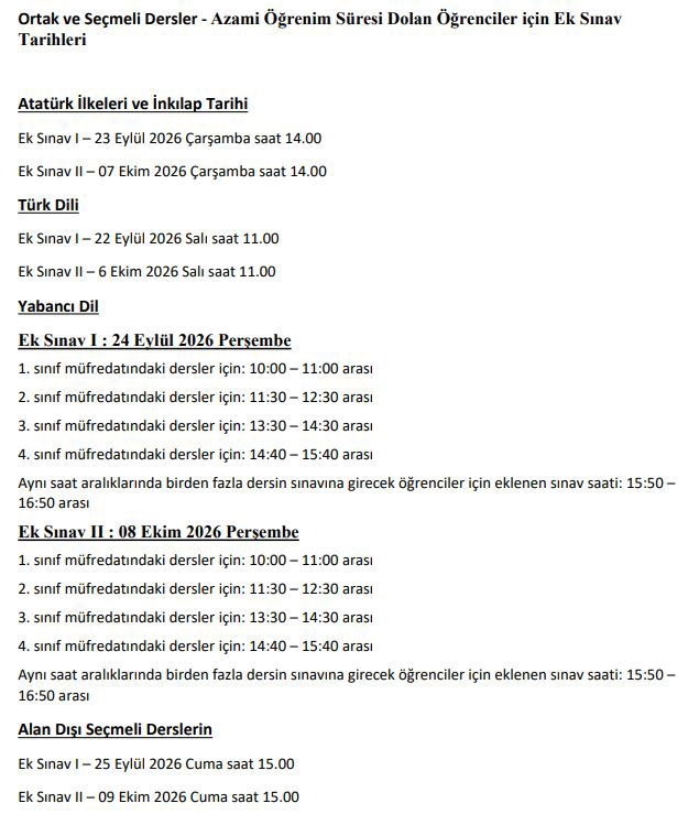 Azami Süreler Sonundaki Ek Sınav İşlemleri/Sınav Takvimi - Ortak ve Seçmeli Dersler -1