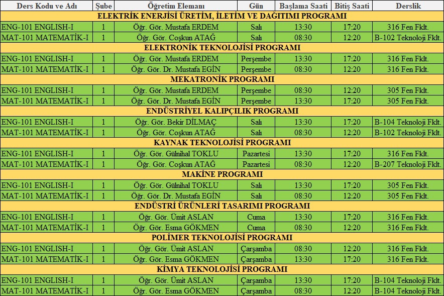 ENG-101 MAT-101 Ders Programı-1
