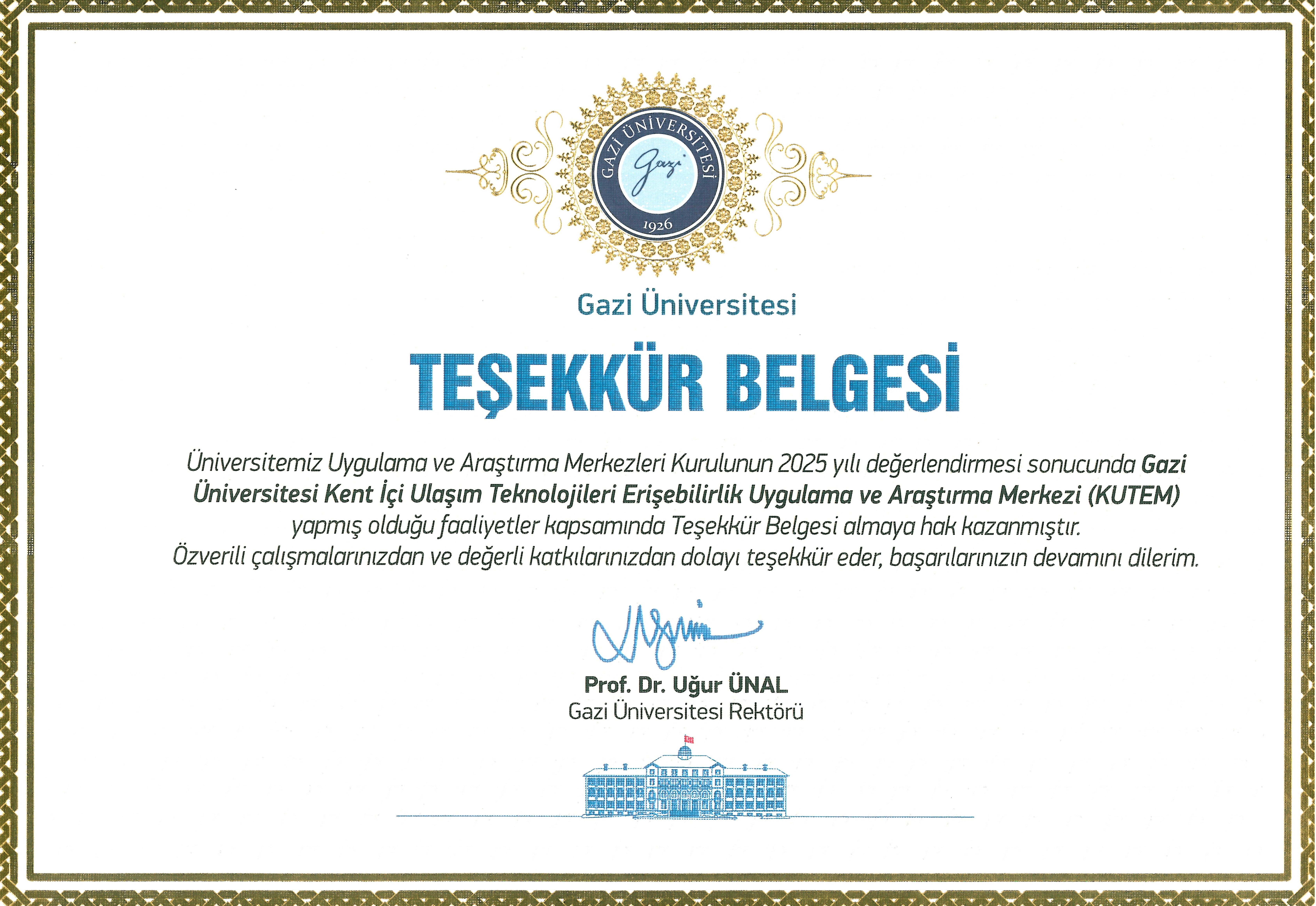 KUTEM Teşekkür Belgesi 2025