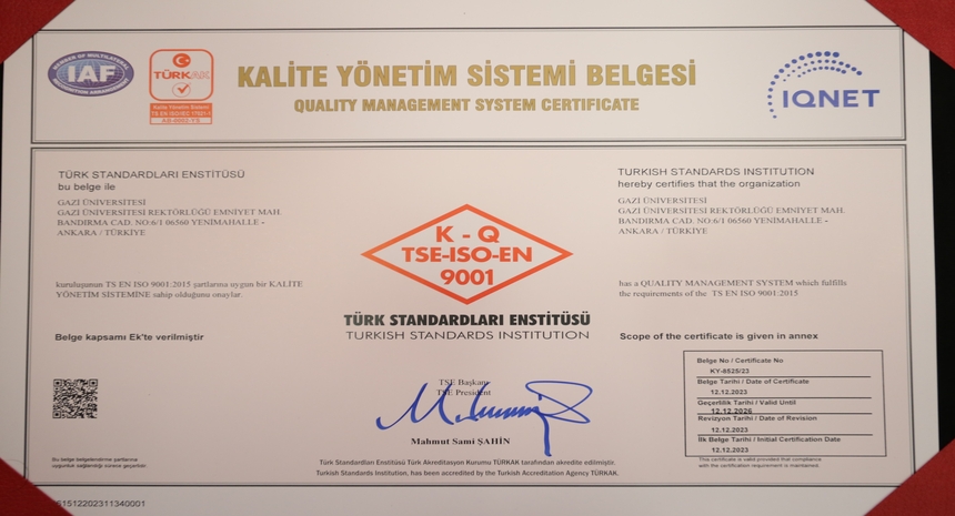 Üniversitemiz TS EN ISO 9001:2015 Kalite Yönetim Sistemi Belgesini düzenlenen törenle aldı.