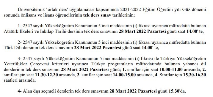 Tek Ders Sınav Tarihleri hk.-1