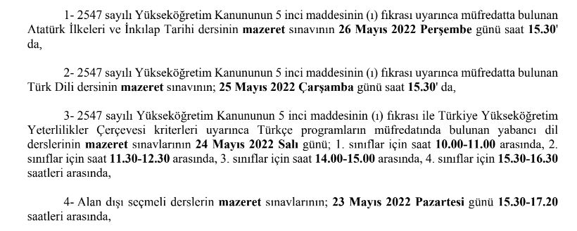 Ortak ve Seçmeli Dersler Bahar Dönemi Mazeret Sınav Tarihleri Hk.-1