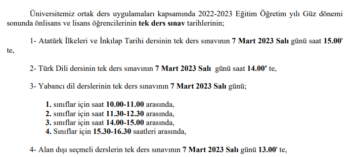 Ortak ve Seçmeli Dersler Tek Ders Sınav Tarihleri Hk.-1