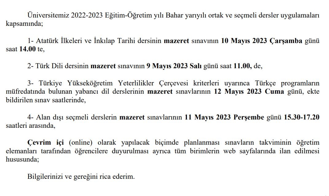 Ortak ve Seçmeli DerslerMazeret Sınav Tarihleri Hk.-1