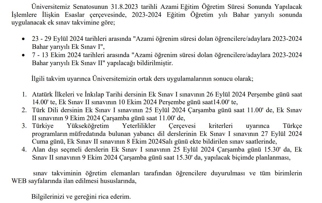 Ortak ve Seçmeli Dersler-Azami Süreler Sonundaki Ek Sınav İşlemleri/Sınav Takvimi-1