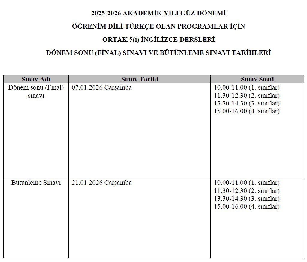 Ortak ve Seçmeli Dersler Güz Yarıyılı Dönem Sonu ve Bütünleme Sınav Tarihleri-1