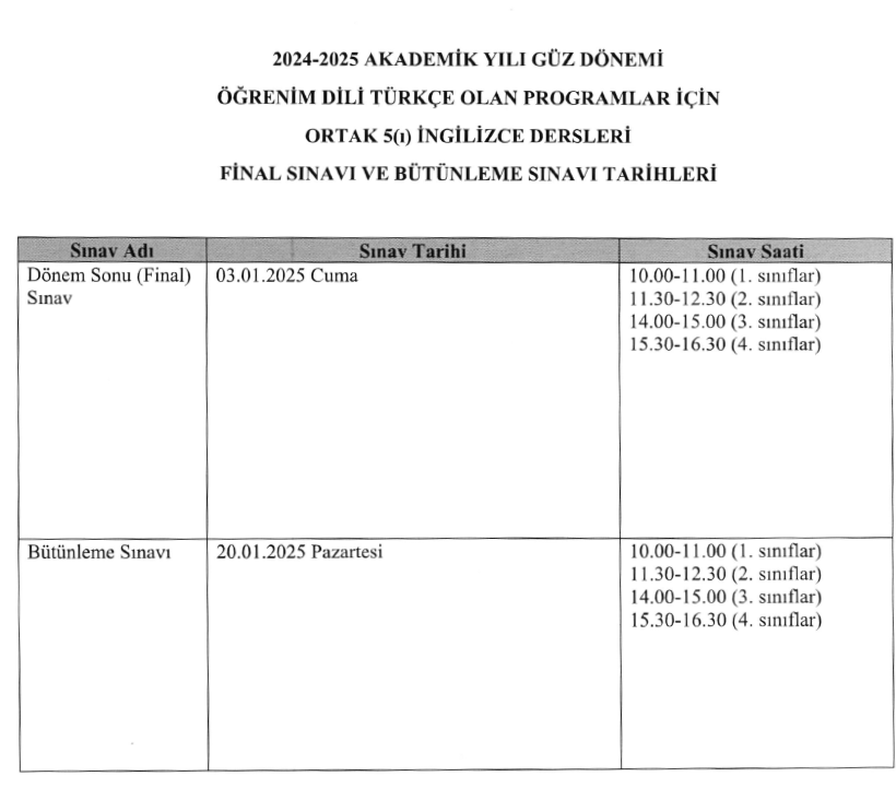 Ortak ve Seçmeli Dersler Güz Yarıyılı Dönem Sonu ve Bütünleme Sınav Tarihleri Hakkında Önemli Duyuru-1